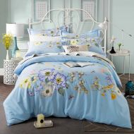 Abreeze Blue Girls Bedding Cotton Duvet Cover Set Floral Print Duvet Cover Sets Full 4PCS