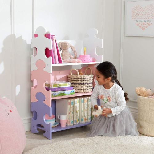 키드크래프트 KidKraft Wooden Puzzle Piece Bookcase with Three Shelves - Pastel, Gift for Ages 3+