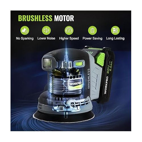  WORKPRO Cordless Random Orbital Sander Brushless 6 Variable Speeds 6000 to 12000 OPM, 20V 5in Electric Orbit Sander for Woodworking with Battery, Charger, Dust Collector, Tool Bag,15 Pcs Sanding Discs