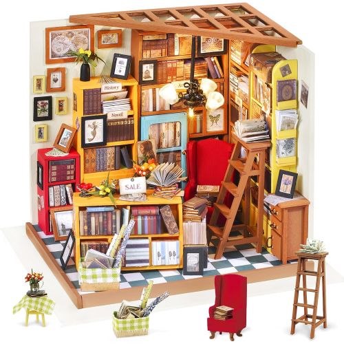  Rolife Dollhouse DIY Miniature Room Set-Woodcraft Construction Kit-Wooden Model Building Set-Mini Library Play Set-Christmas Birthday Gifts for Boys Girls Women Friends (Sams Study