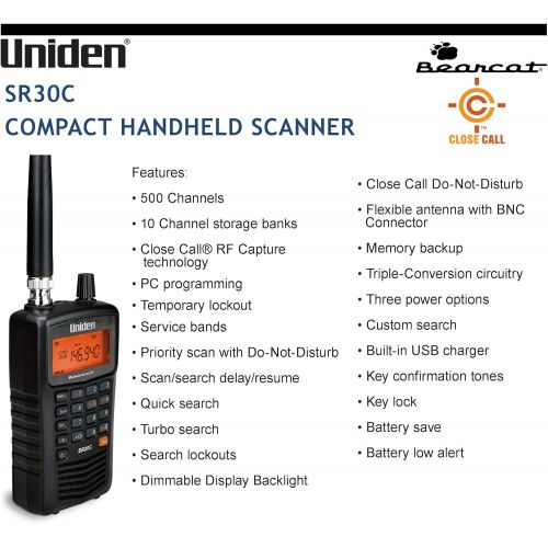  Uniden Bearcat SR30C, 500-Channel Compact Handheld Scanner, Close Call RF Capture, Turbo Search, PC programable, NASCAR, Racing, Aviation, Marine, Railroad, and Non-Digital Police,
