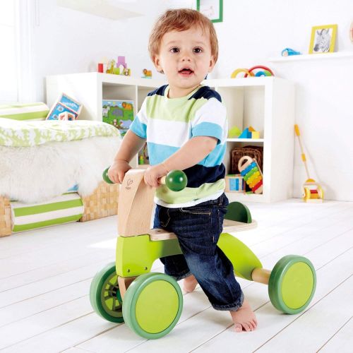  Hape Scoot Around Ride On Wood Bike | Award Winning Four Wheeled Wooden Push Balance Bike Toy for Toddlers with Rubberized Wheels, Bright Green