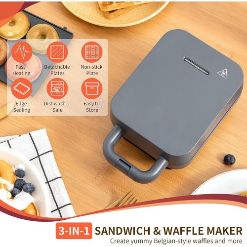  N++A Waffle Maker Mini, Sandwich with Removable Plates, Belgian Small Breakfast, Donut Maker, 3-in-1 Non-Stick, Compact Design, Keto Chaffles, Grilled Cheese, Paninis, Gray 600W, 8.15 x