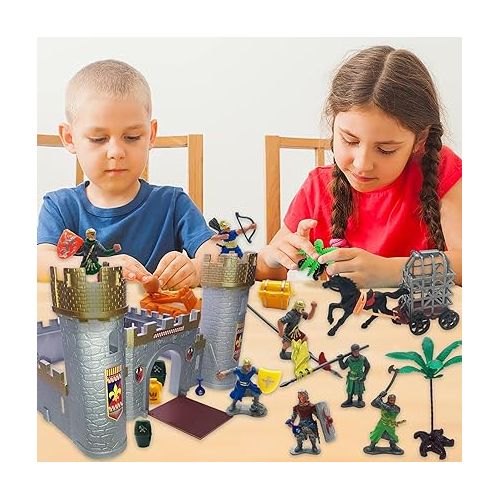  ArtCreativity Medieval Castle Knights Playset for Kids, 27-Piece Deluxe Action Figure Play Set with Storage Bucket, Assembly Castle, 6 Knight Action Figures, Horse Drawn Carriage, Catapult, and More
