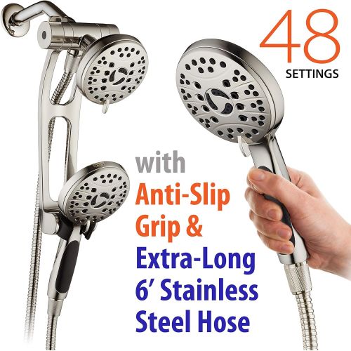  AquaSpa High Pressure 48-mode Luxury 3-way Combo with Adjustable Extension Arm  Dual Rain & Handheld Shower Head  Extra Long 6 Foot Stainless Steel Hose  All Brushed Nickel Fini
