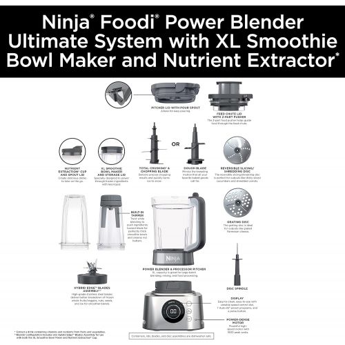 닌자 Ninja SS401 Foodi Power Blender Ultimate System with 72 oz Blending & Food Processing Pitcher, XL Smoothie Bowl Maker and Nutrient Extractor* & 7 Functions, Silver