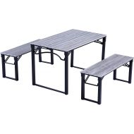 Care 4 Home LLC Folding Picnic Table and 2 Benches Set, Rust Resist Steel Frame, Patio Camping Furniture, Extra Seating, Space Saver, Functional, Outdoor Furniture, Grey Finish
