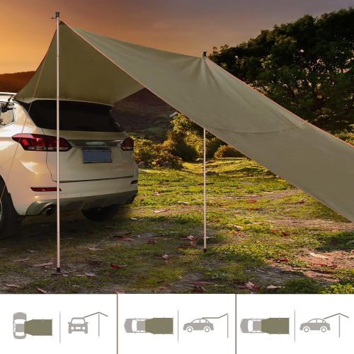  REDCAMP Waterproof Car Side Awning Sun Shelter, Portable Car Awning Camping Tarp with Adjustable Tarp Poles and Suction Cup for for SUV, Camping, Outdoor