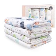 Viviland Muslin Swaddle Blanket | 70% Bamboo 30% Cotton Baby Receiving Blanket Swaddle Wrap for Newborns with Gift Box | 4 Packs 47 X 47 inch Muslin Towel | Elephant, Fox, Whale, Dinosaur