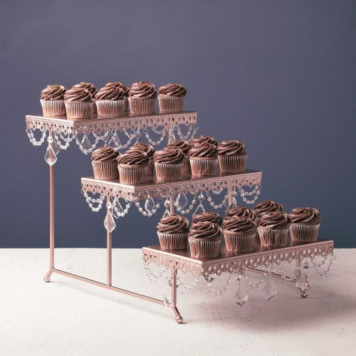  AMALFI DEECOR Amalfi Decor 3 Tier Dessert Cupcake Stand, Pastry Candy Cake Cookie Serving Platter for Wedding Event Birthday Party, Rectangular Metal Plate Tower Tray Holder with Crystals, Gold