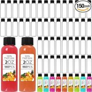 150 Pcs 2oz Clear Plastic Bottles Mini Juice Bottle with Black Screw Lid Reusable Liquid Vial Beverage Container with Lid Freezer Safe, Leak Proof, for Juice, Milk, Ginger, Water and Other Beverages