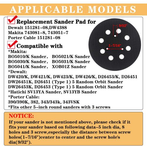  AxPower 4 Packs 5 inch 8 Hole Replacement Sander Pads 5 Hook and Loop Sanding Backing Plates for Makita 743081-8 743051-7, DeWalt 151281-08 DW4388, Porter Cable, Hitachi 324-209