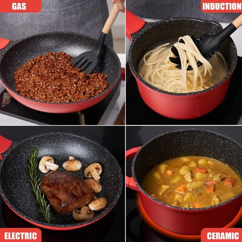  Kitchen Cookware Sets, imarku 16-Piece Granite Coating Nonstick Pots and Pans Set Induction Cookware Sets with Cooking Pot and Pan Set Scratch Resistant, Red
