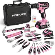 WORKPRO 20V Pink Cordless Drill Driver and Home Tool Set, 141PCS Hand Tool Kit for DIY, Home Maintenance, 2.0 Ah Li-ion Battery, 1 Hour Fast Charger, and Tool Box Included - Pink Ribbon