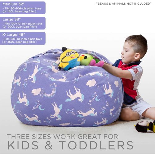  [아마존베스트]Aubliss Stuffed Animal Storage Bean Bag Chair Cover Only for Plush Toys, Blankets, Medium 32-Canvas Unicorn Blue