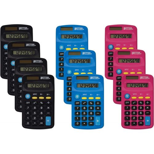  Pocket Size Mini Calculators, 10 Pack, Handheld Angled 8-Digit Display, by Better Office Products, Standard Function, Assorted Colors (Blue, Black, Pink), Dual Power with Included
