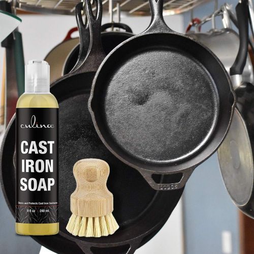  Culina Cast Iron Soap & brush All Natural Ingredients Best for Cleaning, Non-stick Cooking & Restoring for Cast Iron Cookware, Skillets