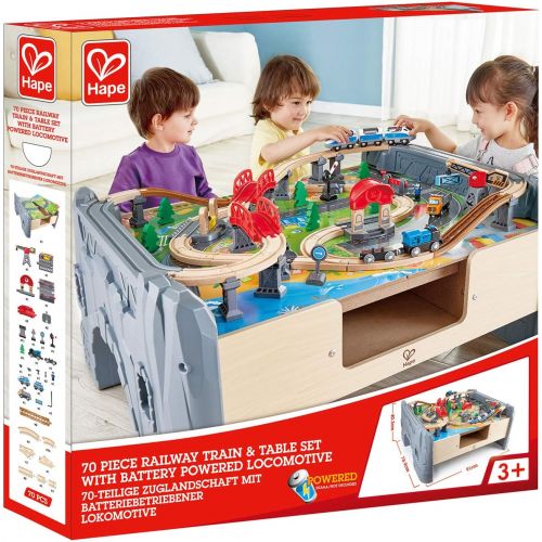  Hape E3766 70 Piece Railway Train Table and Set Toy with Battery Powered Locomotive with Removable Playmat Surface and Storage for Kids 3 Years and Up
