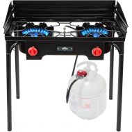 Hike Crew Cast Iron Double-Burner Outdoor Gas Stove 150,000 BTU Portable Propane-Powered Cooktop with Removable Legs, Temperature Control Knobs, Wind Panels, Hose, Regulator & Stor