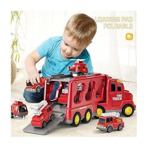  TEMI Fire Toys for 3 4 5 6 Years Old Boys Girls - 5 in 1 Carrier Truck Transport for Toddlers 1-3, Friction Power Vehicles for Kids 3-5, Christmas Birthday Gifts - Age 3-9