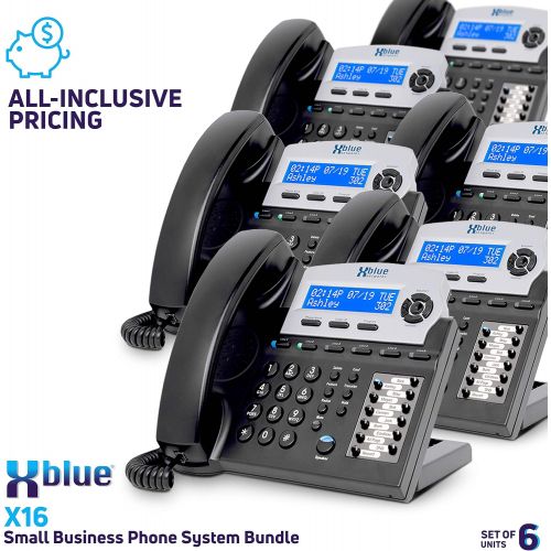  Xblue X16, Small Office Phone System with 4 Charcoal X16 Telephones - Auto Attendant, Voicemail, Caller ID, Paging & Intercom