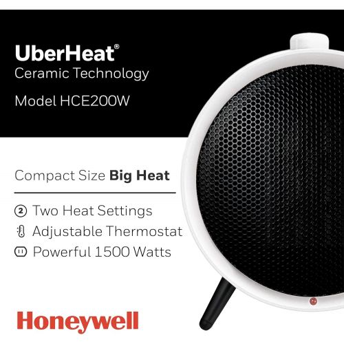 Honeywell HCE200W UberHeat Ceramic White Energy Efficient Space Saving Portable Heater with 2 Heat Settings & Adjustable Thermostat for Living Room, Bedroom, Office