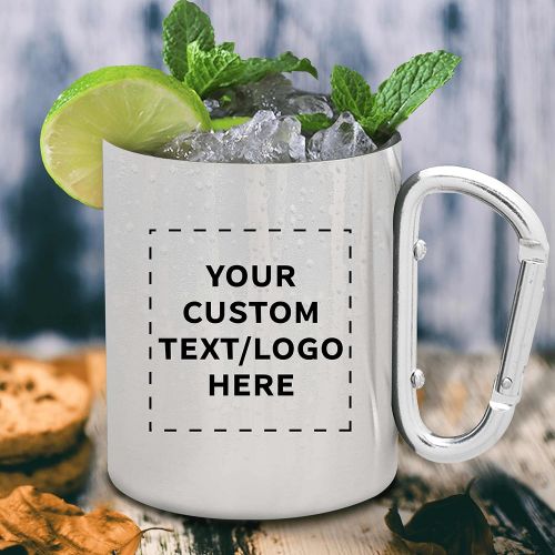  DISCOUNT PROMOS Custom Discuont Promos Carabiner Handle Stainless Steel Mugs, 50 pack, Personalized Text, Logo, 10 oz, Moscow Mule Mug, Camping Coffee Cup, Silver
