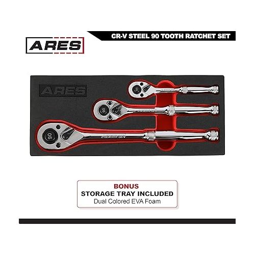  ARES 42048-3-Piece 90 Tooth Ratchet Set - Premium Chrome Vanadium Steel Construction & Mirror Polish Finish - Quick Release for Easy Socket Change - 90-Tooth Reversible Design with 4 Degree Swing