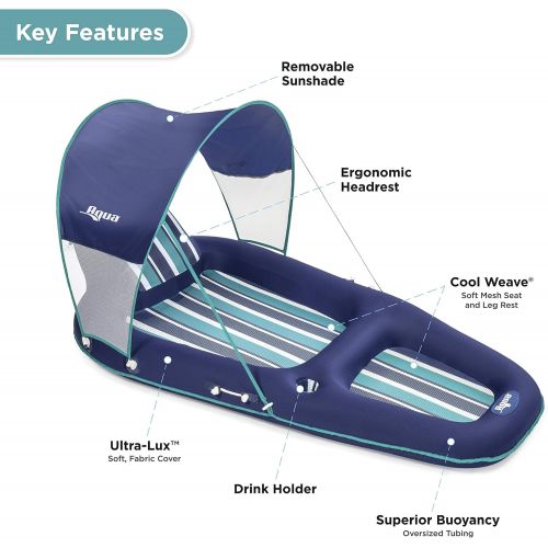  Aqua LEISURE Aqua Ultimate Pool Float Lounger with UPF 50 Canopy and Cupholder ? Heavy Duty, Inflatable Pool Lounge for Adults ? Navy/Aqua/White Stripe