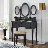 Fineboard Vanity Set with Stool Makeup Table with Seven Organization Drawers 3 Oval Mirrors (Black)