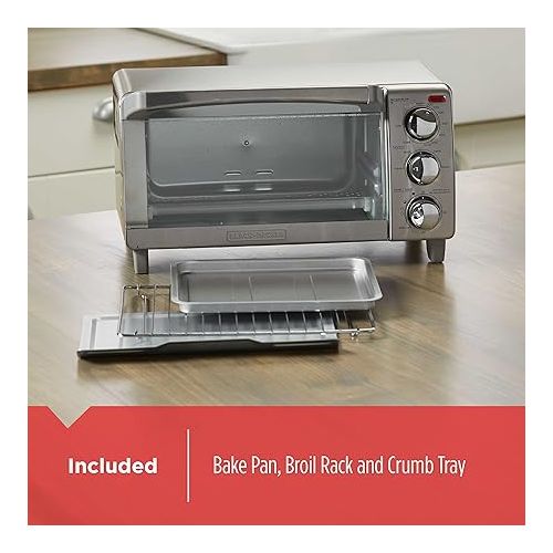  BLACK+DECKER 4-Slice Toaster Oven, TO1745SSG, Even Toast, 4 Cooking Functions Bake, Broil, Toast and Keep Warm, Removable Crumb Tray, Timer