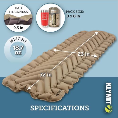 KLYMIT Static V Camping Sleeping Pad, Lightweight, 2.5 Inches Thick, Best Sleeping Pads for Backpacking, Hiking Air Mattress, Inflatable, Compact, Patented Camp Sleep Pad