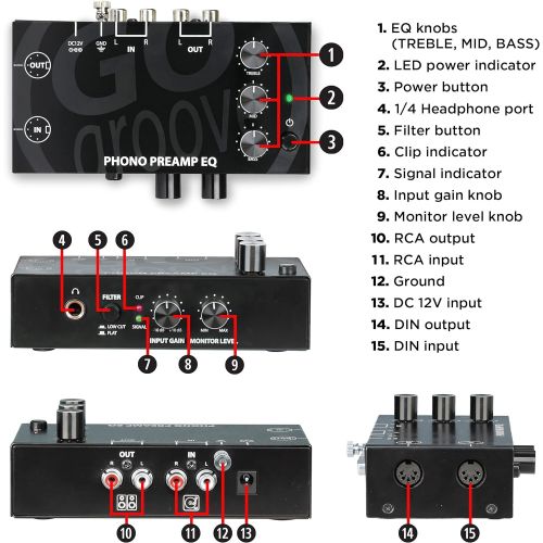 그루브 GOgroove Phono Preamp EQ with 3 Band Equalizer - Preamplifier with Treble, Mid , Bass - RCA Input/Output , DIN , 12V DC Adapter , High-End Circuit Design - Compatible with Record P