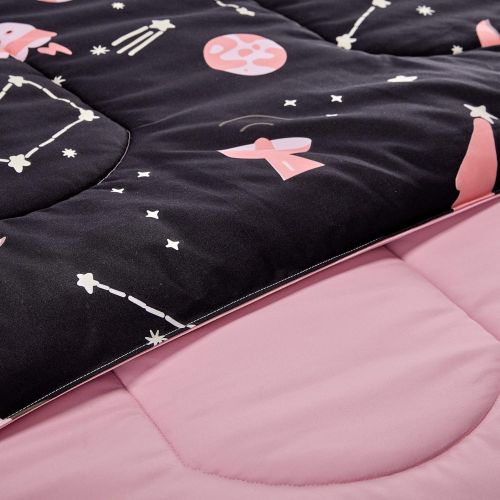  [아마존베스트]SLEEP ZONE Kids Bed-in-a-Bag Bedding Set Easy-Care Microfiber Ultra Soft Comforter and Sheet Sets with Shams 7 Pieces Galaxy, Black/Pink, Full/Queen
