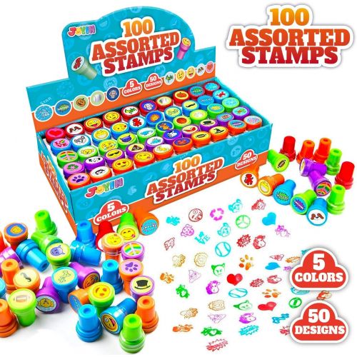  [아마존베스트]JOYIN 100 Pieces Assorted Stamps for Kids Self-ink Stamps (50 DIFFERENT Designs, Plastic Stamps, Emoji Stampers, Dinosaur Stampers, Zoo Safari Stampers) for Easter Egg Stuffers, Party Fa