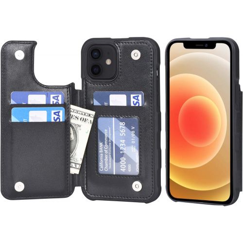  [아마존베스트]Arae Case for iPhone 12 and iPhone 12 Pro - Wallet Cover with PU Leather Card Holder - Black