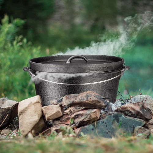  Bruntmor Pre Seasoned Cast Iron Dutch Oven with Flanged Lid Iron Cover, for Campfire or Fireplace Cooking Pre Seasoned Camping Cookware Flat Bottom 8 Quart