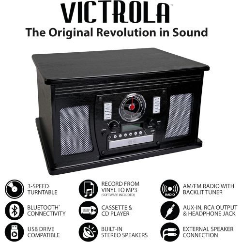 [아마존베스트]Victrola 8-in-1 Bluetooth Record Player & Multimedia Center, Built-in Stereo Speakers - Turntable, Wireless Music Streaming | Black