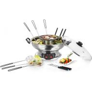 Emerio HPS-121313 Asia Broth Fondue for Fish and Vegetables, Includes Grill Plate and Glass Lid, 4L Capacity, 2 Heat Settings Electric Hot Pot Set, Stainless Steel