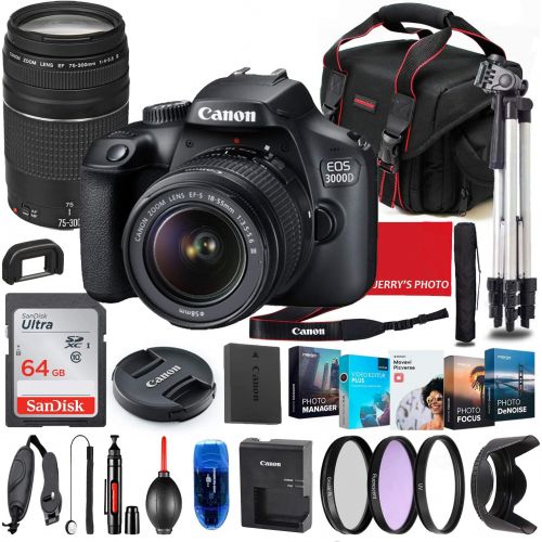  Canon Intl. Canon EOS 3000D (Rebel T100) DSLR Camera with 18-55mm & 75-300mm Lens Bundle + Premium Accessory Bundle Including 64GB Memory, Filters, Photo/Video Software Package, Shoulder Bag &