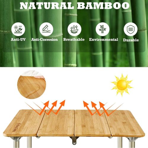  KingCamp Bamboo Folding Table Lightweight Camping Table with Adjustable Height Aluminum Legs 4-Fold Compact Small Portable Camp Tables for Travel RV Picnic Party Beach Outdoor and