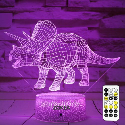  [아마존베스트]ZOKEA Dinosaur Toys, Dinosaur Gifts for Boys 7 Colors Changing 3D Dinosaur Night Light (4 Patterns) with Timer & Remote Control & Smart Touch, Gifts for Boys Girls Age 2 3 4 5 6 7