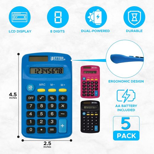  Pocket Size Mini Calculators, 5 Pack, Handheld Angled 8-Digit Display, by Better Office Products, Standard Function, Assorted Colors (Blue, Black, Pink), Dual Power with Included A