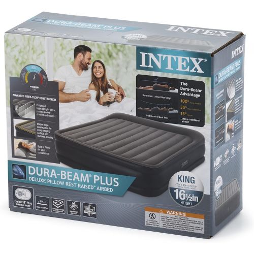 인텍스 Intex 64137ST Dura Beam Deluxe Raised Pillow Inflatable Blow Up Portable Firm Mattress Air Bed with Built in Internal Pump, King