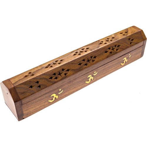  인센스스틱 Alternative Imagination Om, The Sound of The Universe, Brass Inlay Design - Wooden Coffin Incense Burner for Incense Sticks and Cones, with Storage Compartment