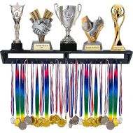 LAVIEVERT Gymnastic Medal Hanger with Storage Shelf, Wooden Wall-Mounted Trophy Shelf, Race Medal Display Rack Holder with 23 Hanging Bars