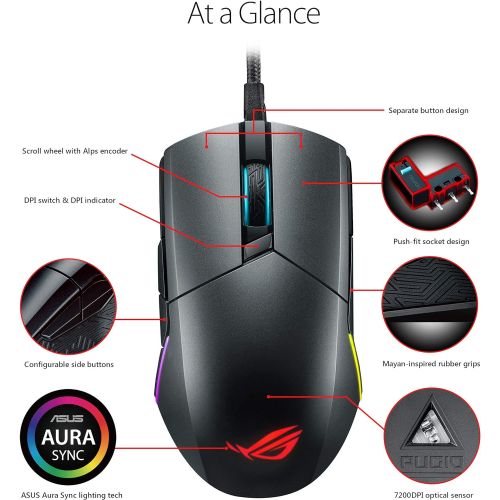 아수스 ASUS Optical Gaming Mouse ROG Pugio Ergonomic & Truly Ambidextrous PC Gaming Mouse Configurable & Swappable Side Buttons 7200 DPI Optical Sensor Aura Sync RGB, ROG Armoury II