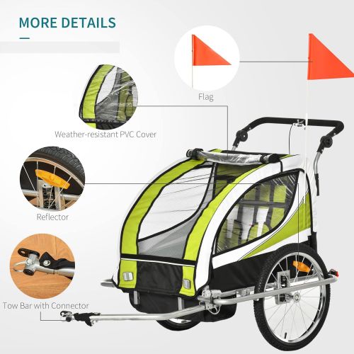  Aosom Folding Child Bike Baby Trailer with Safety Flag, Light Reflectors, & 5 Point Harness, Green