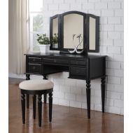 Poundex 3 Pc Makeup Vanity Set Table with 5 Drawers, Stool and Mirror in Black Finish