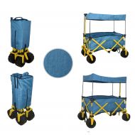 Compact Folded Jumbo Wheel Blue Folding Wagon All Purpose Garden Utility Beach Shopping Travel CART Outdoor Sport Collapsible with Canopy Cover - Easy Setup NO Tool Necessary - Spa